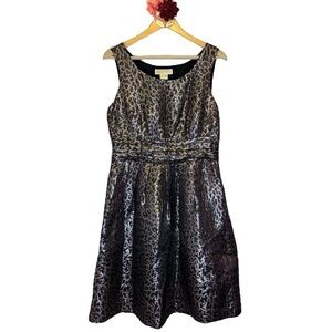 Michael Kors dress silver burgundy brocade fit & flare cocktail knee length 10